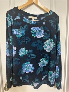LOFT Navy Floral Long-Sleeve Top with Teal and Aqua Roses